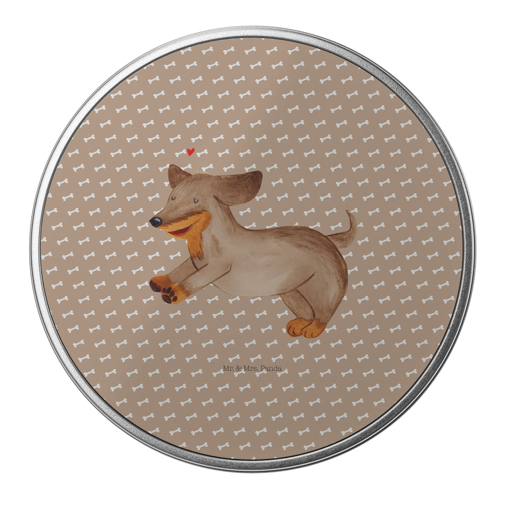 Blechdose rund Hund Dackel fröhlich Metalldose, Keksdose, Dose, Vorratsdose, Geschenkbox, Hund, Hundemotiv, Haustier, Hunderasse, Tierliebhaber, Hundebesitzer, Sprüche, Hunde, Dackel, Dachshund, happy dog