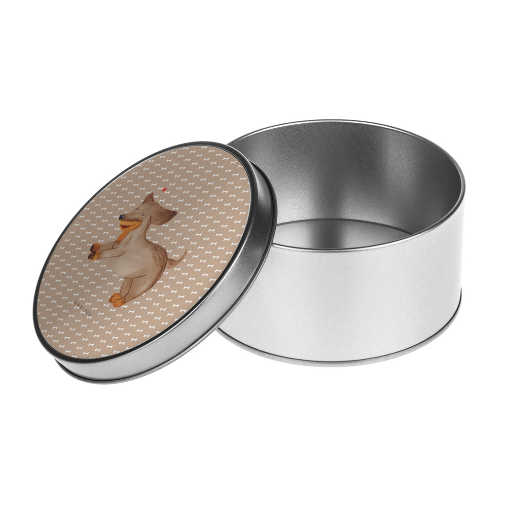 Blechdose rund Hund Dackel fröhlich Metalldose, Keksdose, Dose, Vorratsdose, Geschenkbox, Hund, Hundemotiv, Haustier, Hunderasse, Tierliebhaber, Hundebesitzer, Sprüche, Hunde, Dackel, Dachshund, happy dog