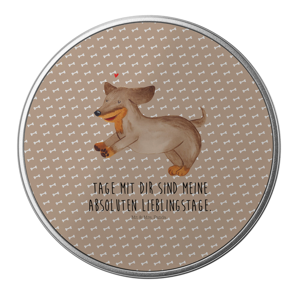 Blechdose rund Hund Dackel fröhlich Metalldose, Keksdose, Dose, Vorratsdose, Geschenkbox, Hund, Hundemotiv, Haustier, Hunderasse, Tierliebhaber, Hundebesitzer, Sprüche, Hunde, Dackel, Dachshund, happy dog