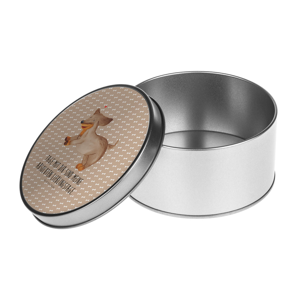 Blechdose rund Hund Dackel fröhlich Metalldose, Keksdose, Dose, Vorratsdose, Geschenkbox, Hund, Hundemotiv, Haustier, Hunderasse, Tierliebhaber, Hundebesitzer, Sprüche, Hunde, Dackel, Dachshund, happy dog
