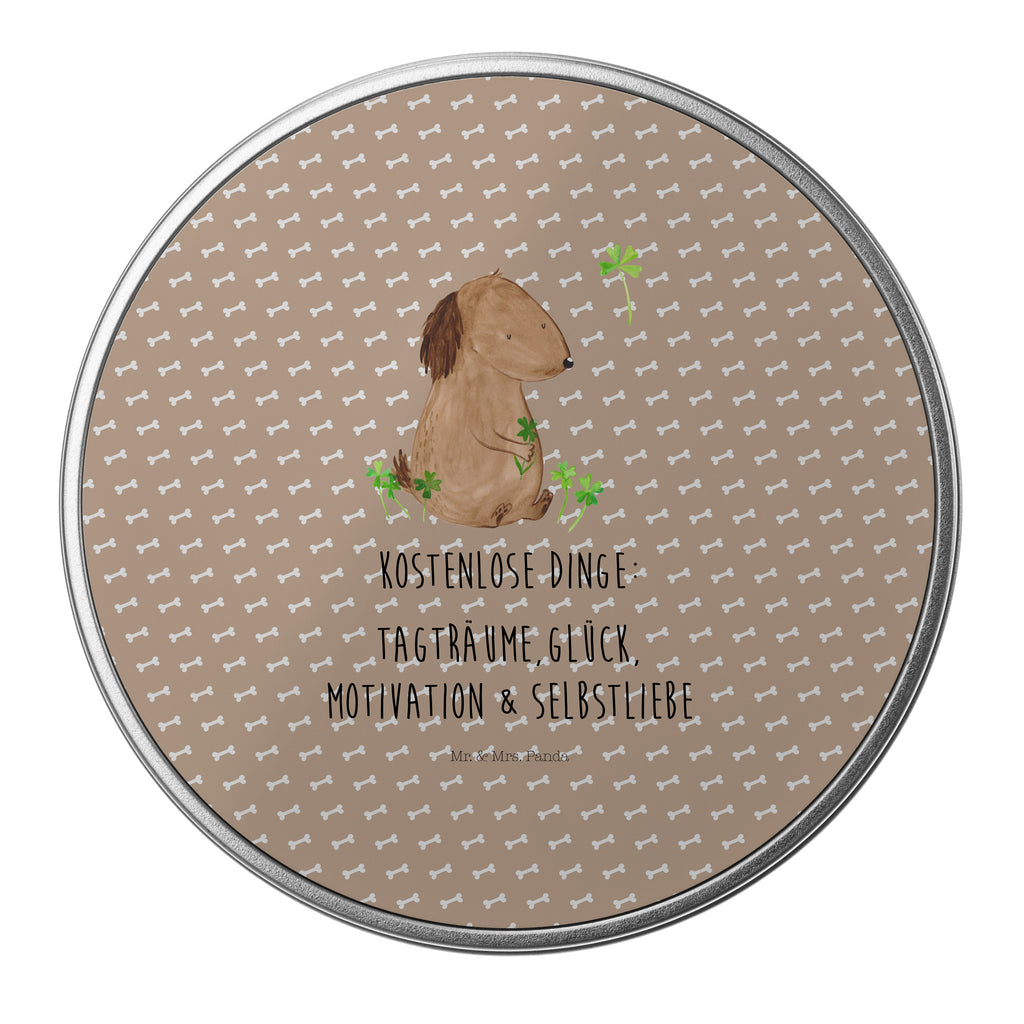 Blechdose rund Hund Kleeblatt Metalldose, Keksdose, Dose, Vorratsdose, Geschenkbox, Hund, Hundemotiv, Haustier, Hunderasse, Tierliebhaber, Hundebesitzer, Sprüche, Kleeblatt, Glück, Tagträume, Motivation, Neuanfang, Geschenk, Glücksbringer, Selbstliebe, Achtsamkeit