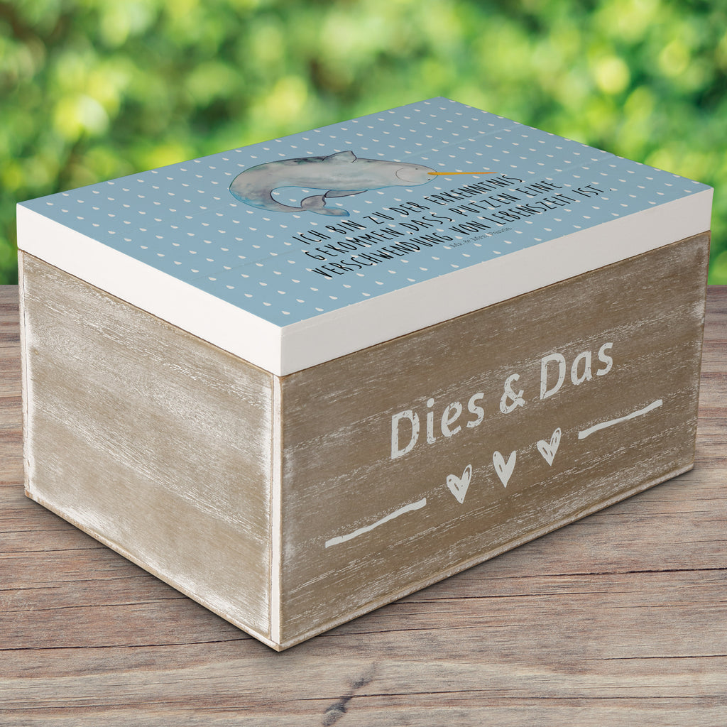 Holzkiste Narwal Holzkiste, Kiste, Schatzkiste, Truhe, Schatulle, XXL, Erinnerungsbox, Erinnerungskiste, Dekokiste, Aufbewahrungsbox, Meerestiere, Meer, Urlaub, Narwal, Wal, Putzen, Hausfrau, Junggesellin, aufräumen, Kinderzimmer