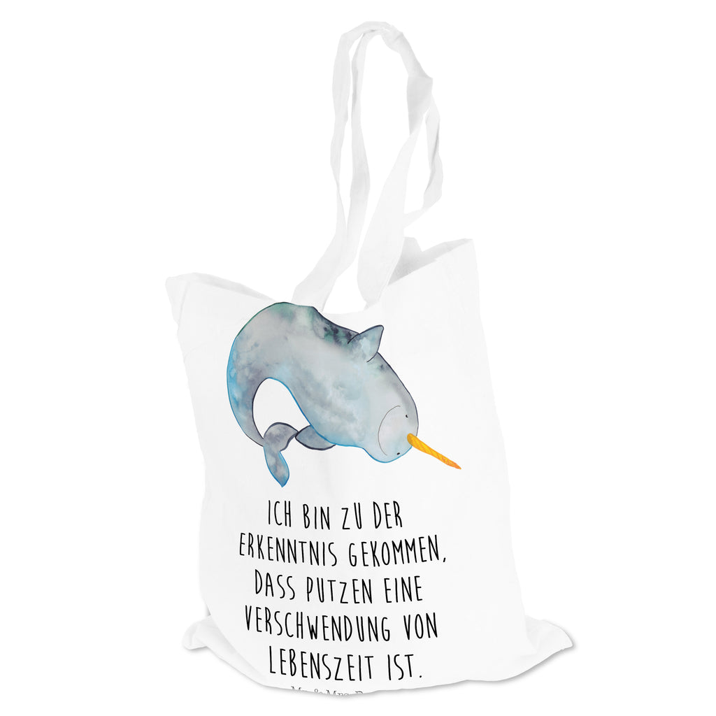 Tragetasche Narwal Beuteltasche, Beutel, Einkaufstasche, Jutebeutel, Stoffbeutel, Meerestiere, Meer, Urlaub, Narwal, Wal, Putzen, Hausfrau, Junggesellin, aufräumen, Kinderzimmer