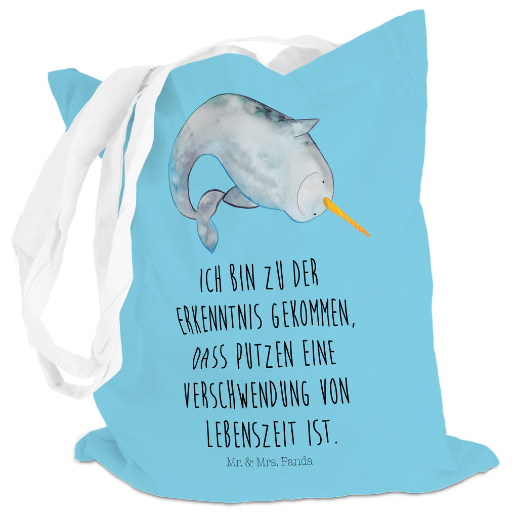 Tragetasche Narwal Beuteltasche, Beutel, Einkaufstasche, Jutebeutel, Stoffbeutel, Meerestiere, Meer, Urlaub, Narwal, Wal, Putzen, Hausfrau, Junggesellin, aufräumen, Kinderzimmer