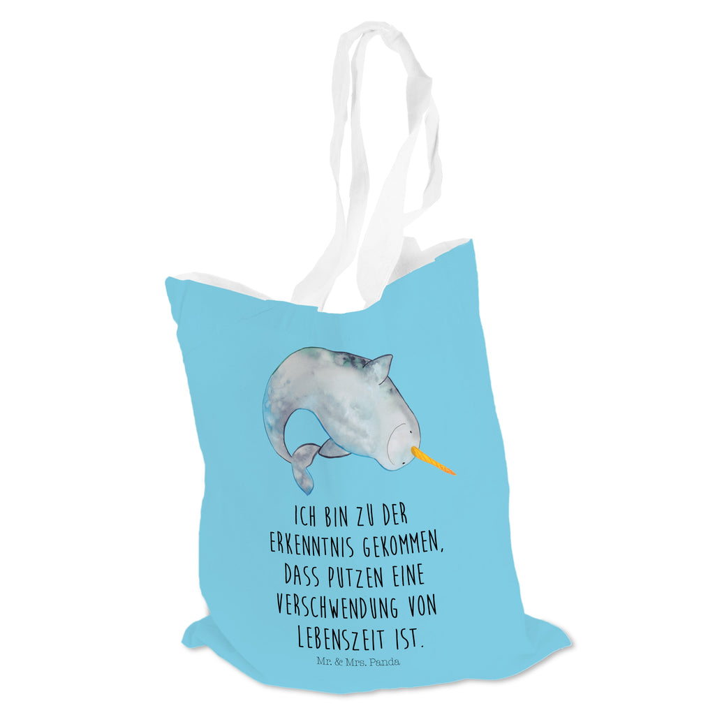 Tragetasche Narwal Beuteltasche, Beutel, Einkaufstasche, Jutebeutel, Stoffbeutel, Meerestiere, Meer, Urlaub, Narwal, Wal, Putzen, Hausfrau, Junggesellin, aufräumen, Kinderzimmer
