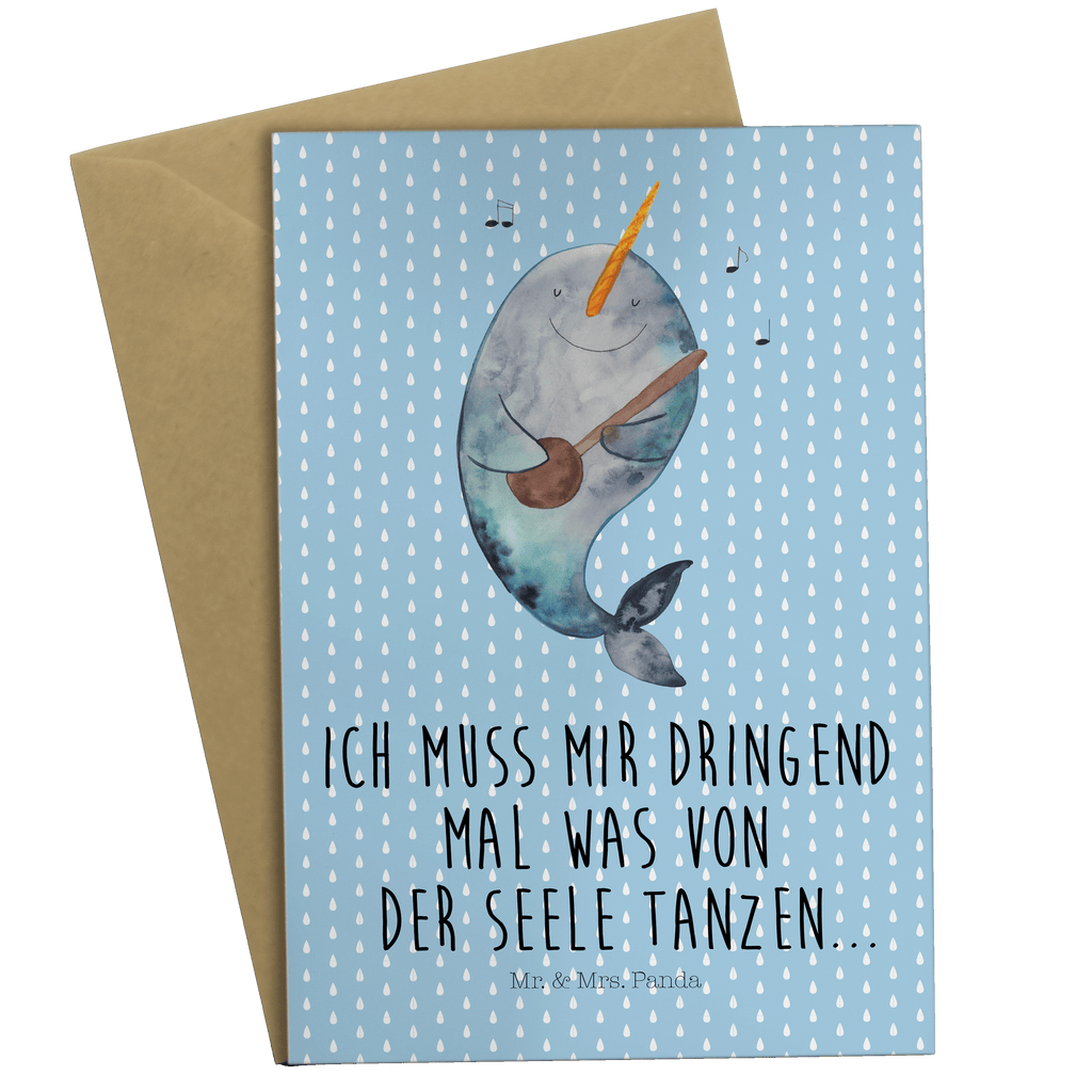 Grußkarte Narwal Gitarre Klappkarte, Einladungskarte, Glückwunschkarte, Hochzeitskarte, Geburtstagskarte, Karte, Meerestiere, Meer, Urlaub, Narwal, Wal, Tanzen, Probleme, Problemlösung, Frust, Gespräche, Gitarre