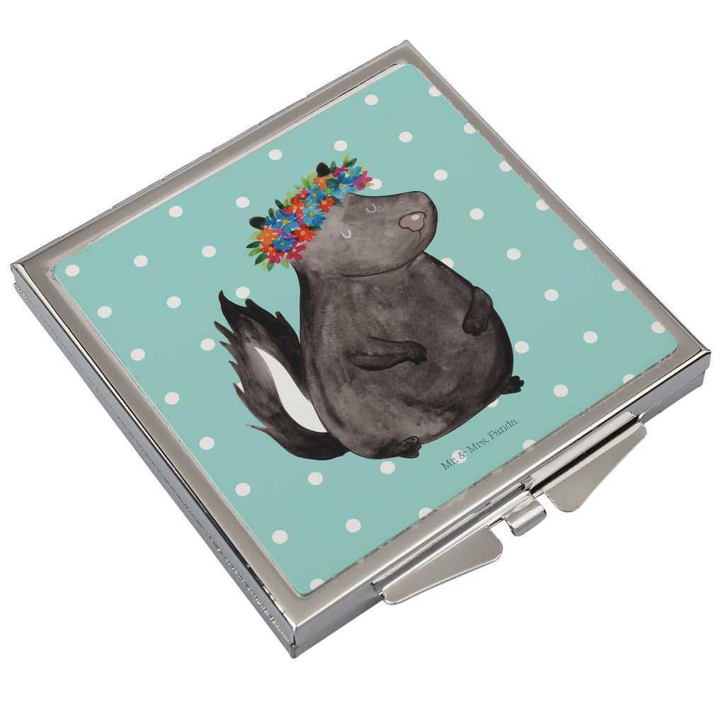 Handtaschenspiegel quadratisch Stinktier Blumenmaedchen Spiegel, Handtasche, Quadrat, silber, schminken, Schminkspiegel, Stinktier, Skunk, Wildtier, Raubtier, Stinker, Stinki, Yoga, Namaste, Lebe, Liebe, Lache
