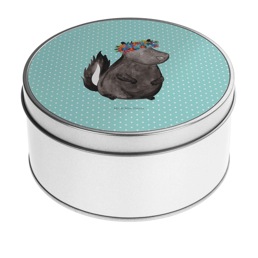 Blechdose rund Stinktier Blumenmaedchen Metalldose, Keksdose, Dose, Vorratsdose, Geschenkbox, Stinktier, Skunk, Wildtier, Raubtier, Stinker, Stinki, Yoga, Namaste, Lebe, Liebe, Lache