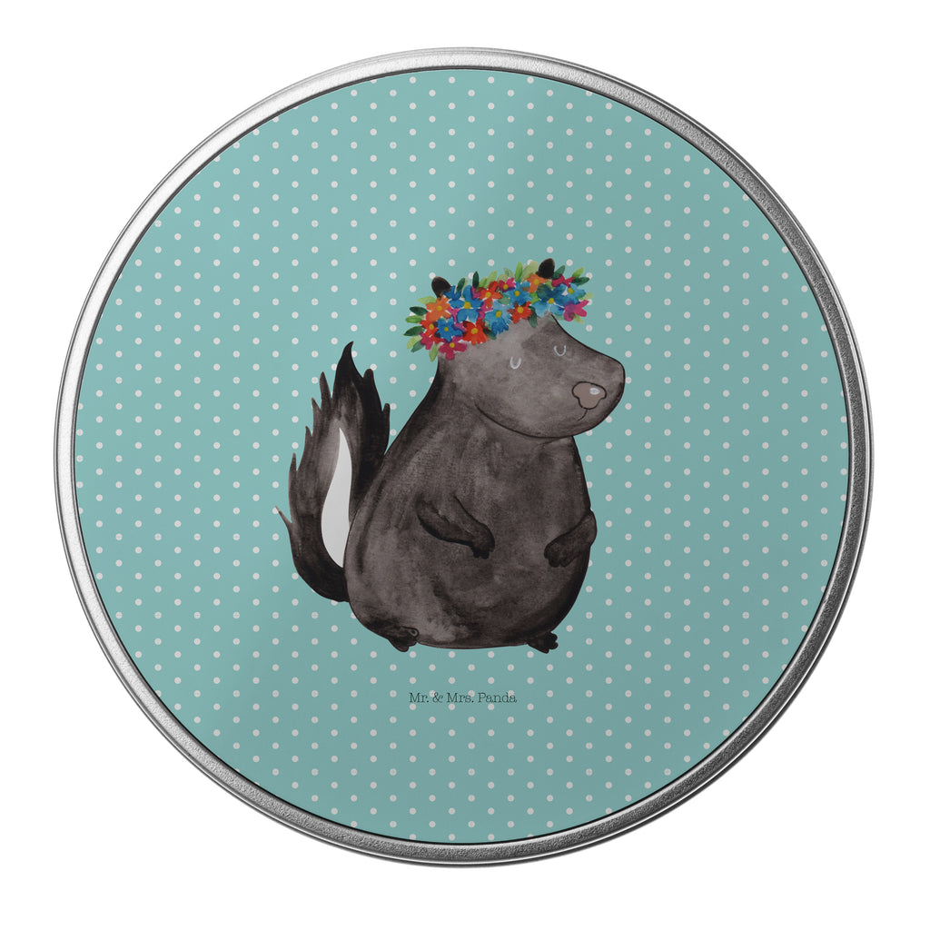 Blechdose rund Stinktier Blumenmaedchen Metalldose, Keksdose, Dose, Vorratsdose, Geschenkbox, Stinktier, Skunk, Wildtier, Raubtier, Stinker, Stinki, Yoga, Namaste, Lebe, Liebe, Lache