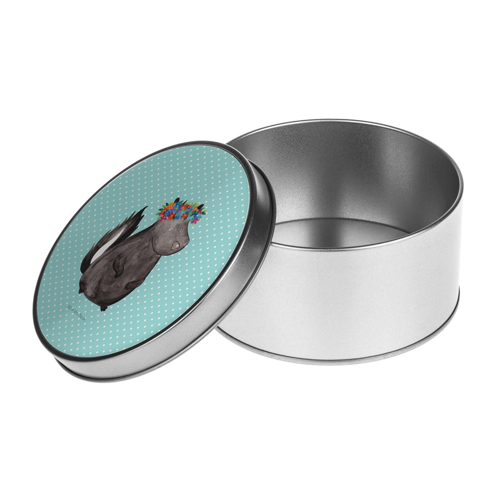 Blechdose rund Stinktier Blumenmaedchen Metalldose, Keksdose, Dose, Vorratsdose, Geschenkbox, Stinktier, Skunk, Wildtier, Raubtier, Stinker, Stinki, Yoga, Namaste, Lebe, Liebe, Lache