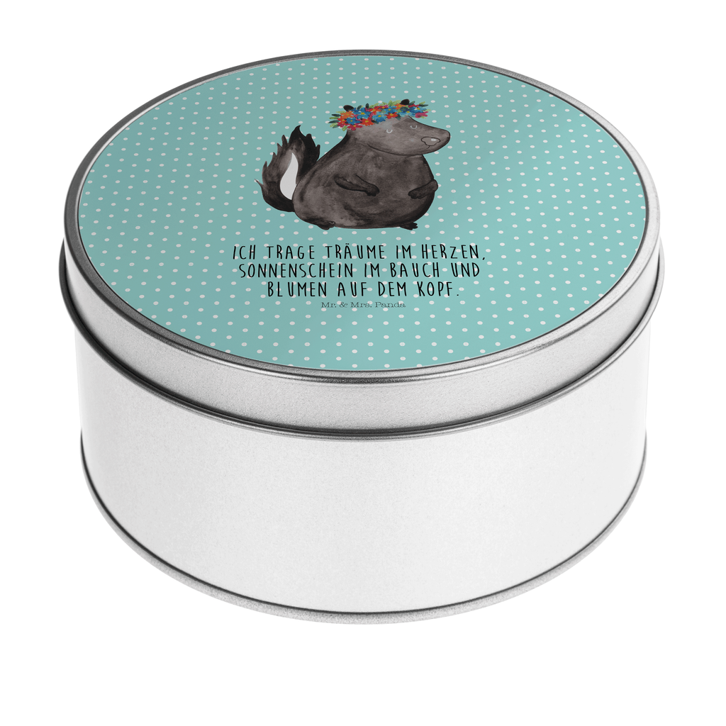 Blechdose rund Stinktier Blumenmaedchen Metalldose, Keksdose, Dose, Vorratsdose, Geschenkbox, Stinktier, Skunk, Wildtier, Raubtier, Stinker, Stinki, Yoga, Namaste, Lebe, Liebe, Lache