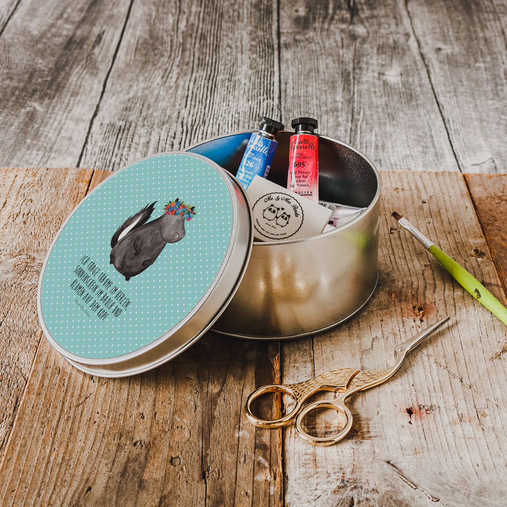 Blechdose rund Stinktier Blumenmaedchen Metalldose, Keksdose, Dose, Vorratsdose, Geschenkbox, Stinktier, Skunk, Wildtier, Raubtier, Stinker, Stinki, Yoga, Namaste, Lebe, Liebe, Lache