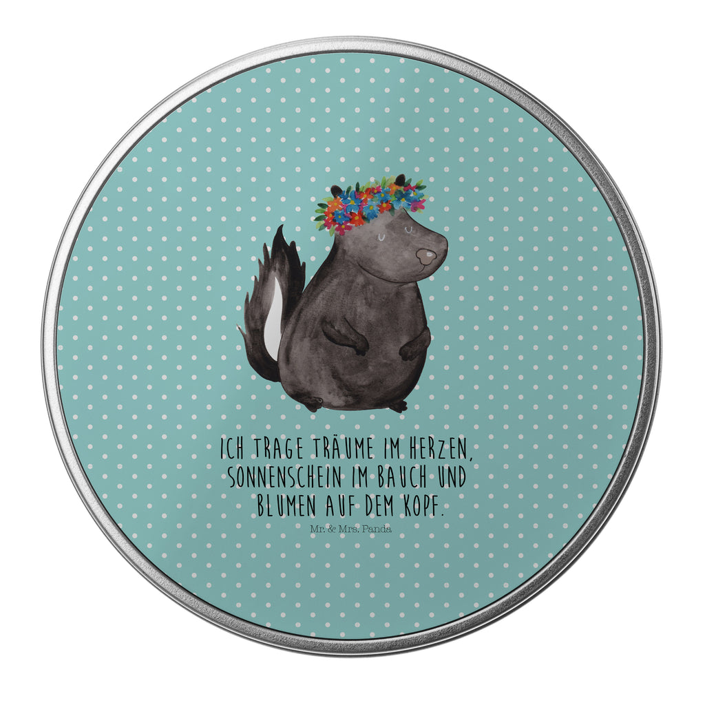 Blechdose rund Stinktier Blumenmaedchen Metalldose, Keksdose, Dose, Vorratsdose, Geschenkbox, Stinktier, Skunk, Wildtier, Raubtier, Stinker, Stinki, Yoga, Namaste, Lebe, Liebe, Lache