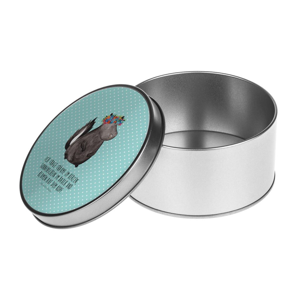 Blechdose rund Stinktier Blumenmaedchen Metalldose, Keksdose, Dose, Vorratsdose, Geschenkbox, Stinktier, Skunk, Wildtier, Raubtier, Stinker, Stinki, Yoga, Namaste, Lebe, Liebe, Lache