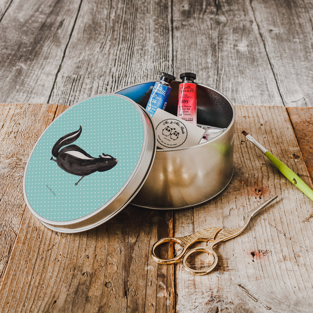 Blechdose rund Stinktier Yoga Metalldose, Keksdose, Dose, Vorratsdose, Geschenkbox, Stinktier, Skunk, Wildtier, Raubtier, Stinker, Stinki, Yoga, Namaste, Lebe, Liebe, Lache