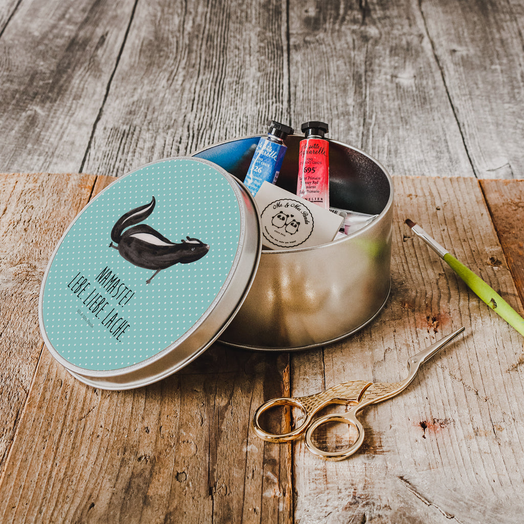 Blechdose rund Stinktier Yoga Metalldose, Keksdose, Dose, Vorratsdose, Geschenkbox, Stinktier, Skunk, Wildtier, Raubtier, Stinker, Stinki, Yoga, Namaste, Lebe, Liebe, Lache