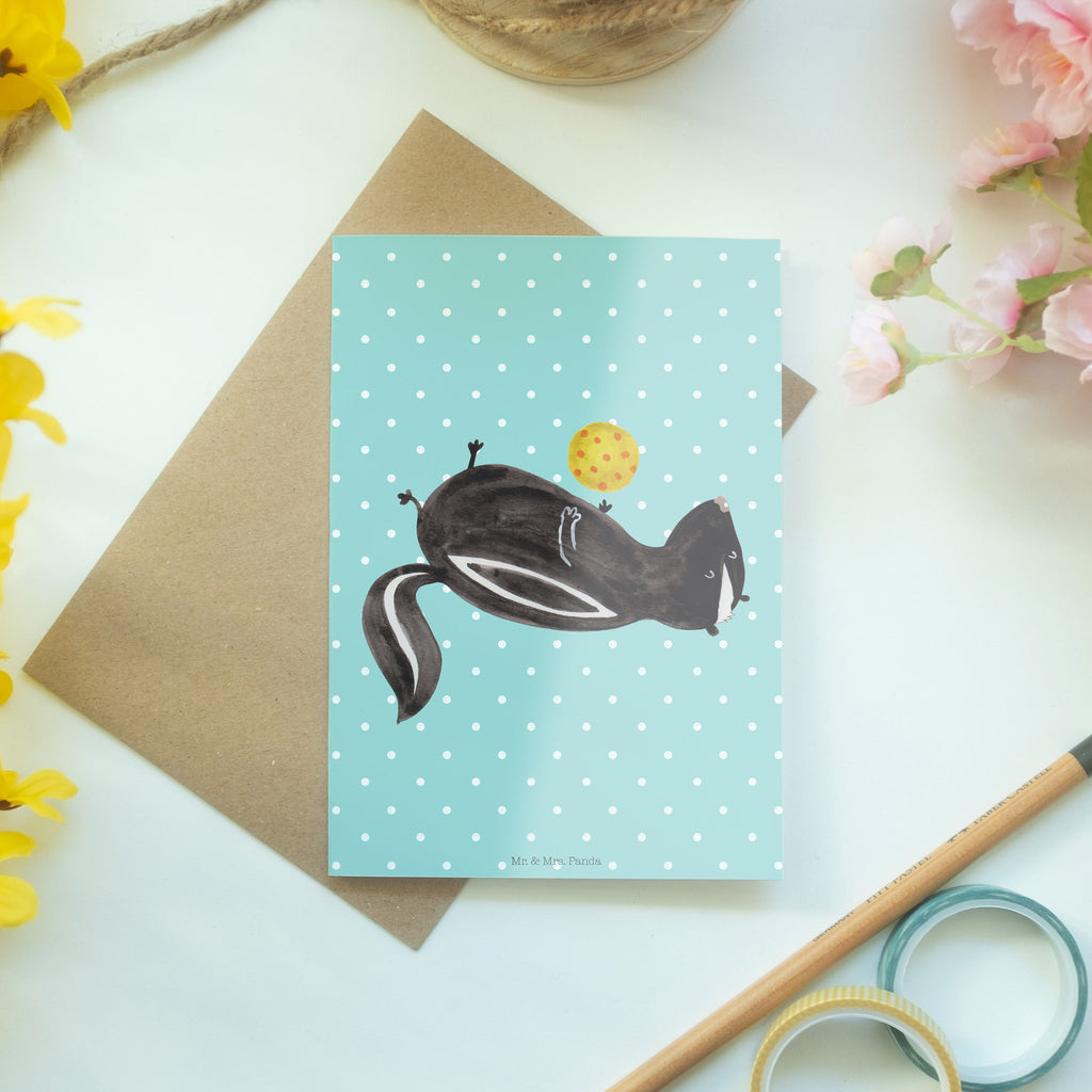 Grußkarte Stinktier Ball Klappkarte, Einladungskarte, Glückwunschkarte, Hochzeitskarte, Geburtstagskarte, Karte, Stinktier, Skunk, Wildtier, Raubtier, Stinker, Stinki, verspielt, Weisheit