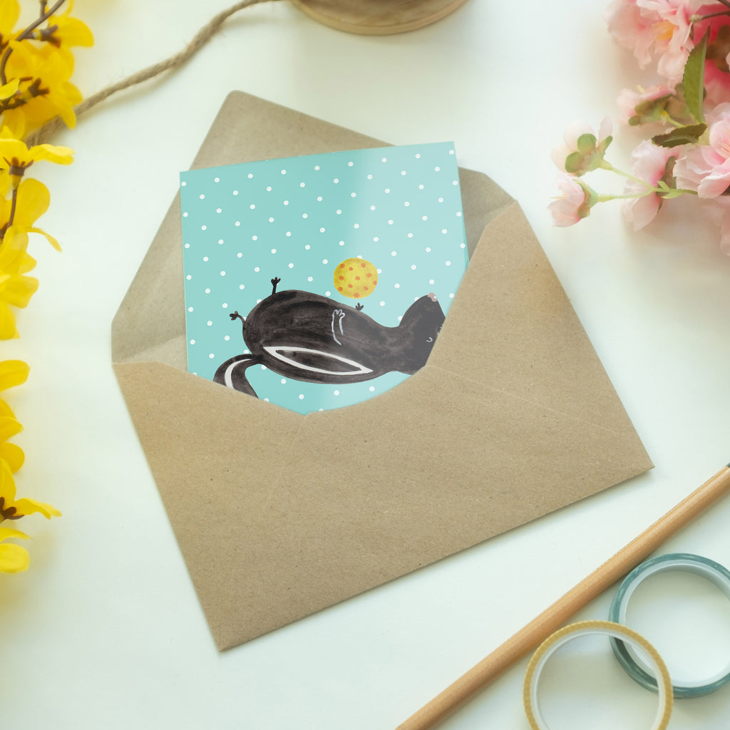 Grußkarte Stinktier Ball Klappkarte, Einladungskarte, Glückwunschkarte, Hochzeitskarte, Geburtstagskarte, Karte, Stinktier, Skunk, Wildtier, Raubtier, Stinker, Stinki, verspielt, Weisheit