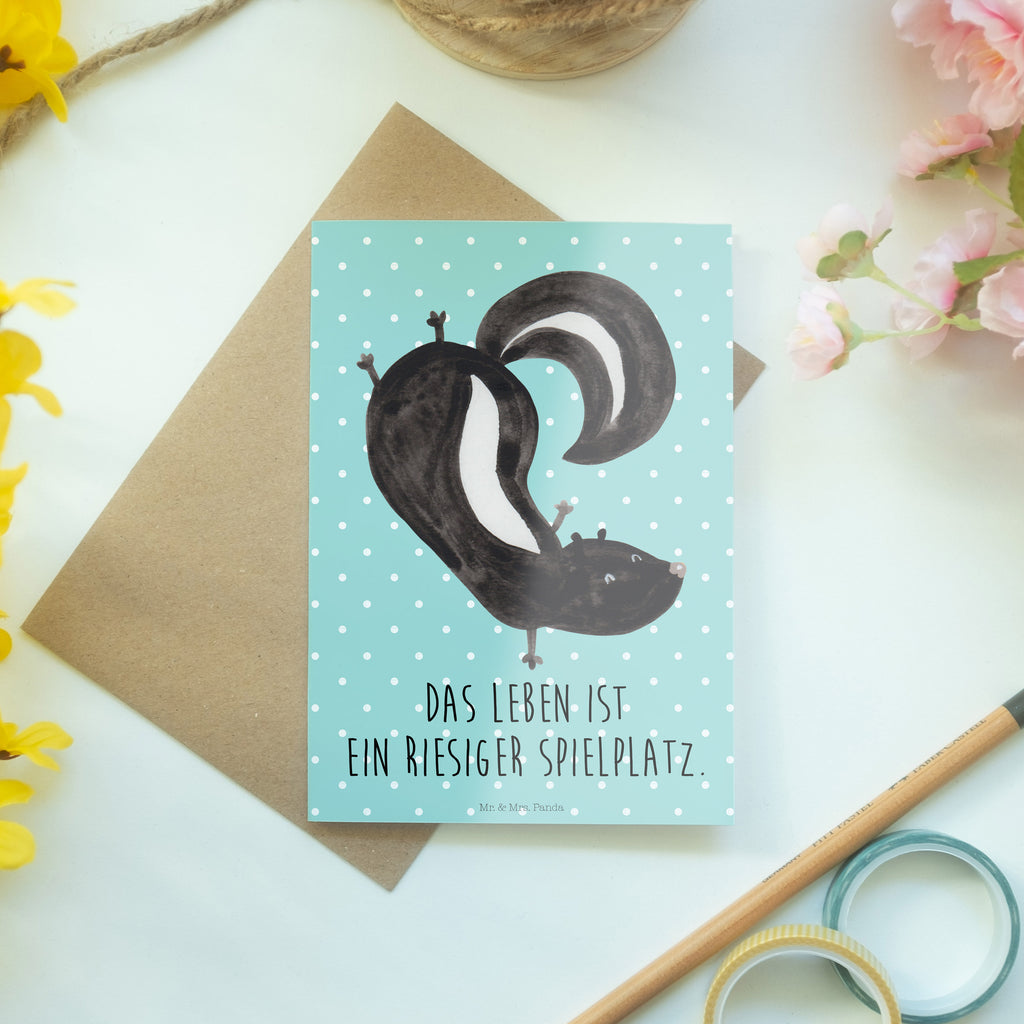 Grußkarte Stinktier Handstand Klappkarte, Einladungskarte, Glückwunschkarte, Hochzeitskarte, Geburtstagskarte, Karte, Stinktier, Skunk, Wildtier, Raubtier, Stinker, Stinki, Spielplatz, verpielt, Kind