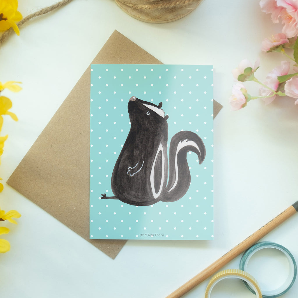 Grußkarte Stinktier sitzend Klappkarte, Einladungskarte, Glückwunschkarte, Hochzeitskarte, Geburtstagskarte, Karte, Stinktier, Skunk, Wildtier, Raubtier, Stinker, Stinki, Spruch, Büro, Recht, Besserwisser