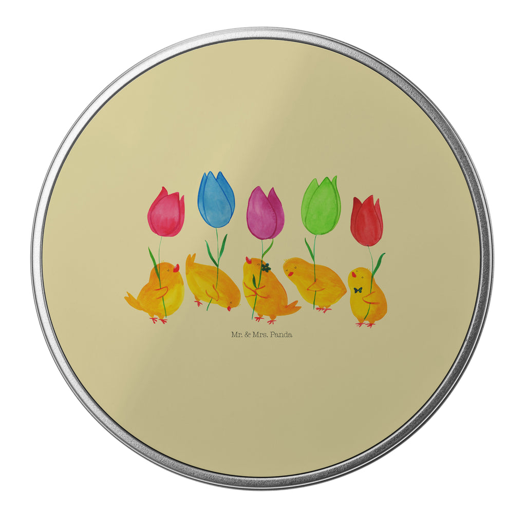 Blechdose rund Küken Parade Metalldose, Keksdose, Dose, Vorratsdose, Geschenkbox, Ostern, Osterhase, Ostergeschenke, Osternest, Osterdeko, Geschenk zu Ostern, Küken, Parade, Tulpen, Frohe Ostern, Ostergrüße, Blumen