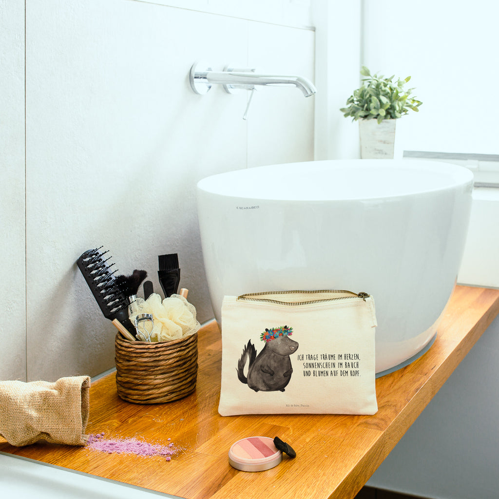 Schminktasche Stinktier Blumenmaedchen Schminktasche, Kosmetiktasche, Kosmetikbeutel, Stiftemäppchen, Etui, Federmappe, Makeup, XXL, Schminketui, Kosmetiketui, Schlamperetui, Stinktier, Skunk, Wildtier, Raubtier, Stinker, Stinki, Yoga, Namaste, Lebe, Liebe, Lache