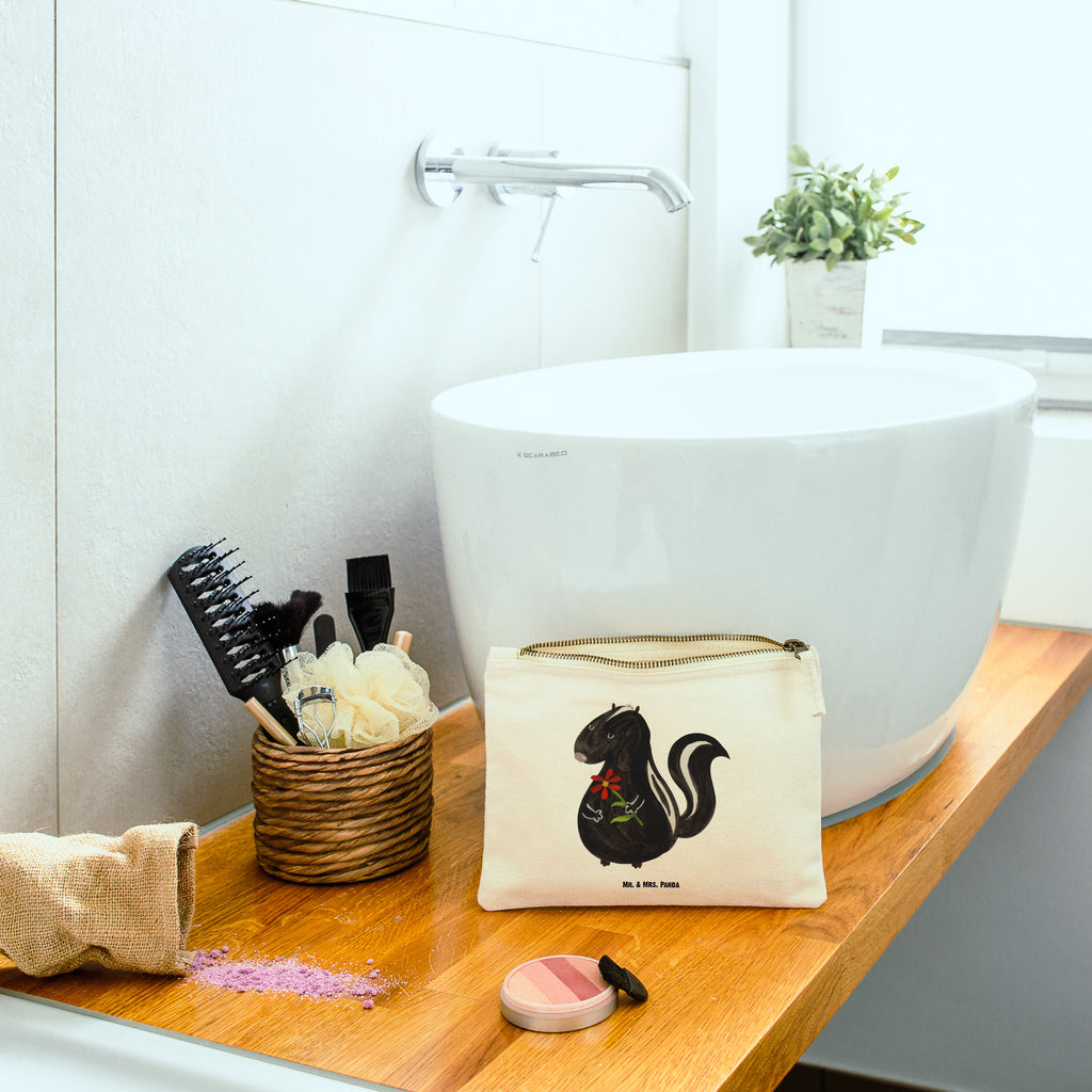 Schminktasche Stinktier Blume Schminktasche, Kosmetiktasche, Kosmetikbeutel, Stiftemäppchen, Etui, Federmappe, Makeup, XXL, Schminketui, Kosmetiketui, Schlamperetui, Stinktier, Skunk, Wildtier, Raubtier, Stinker, Stinki, Tagträumer, verträumt, Dreams, Träume