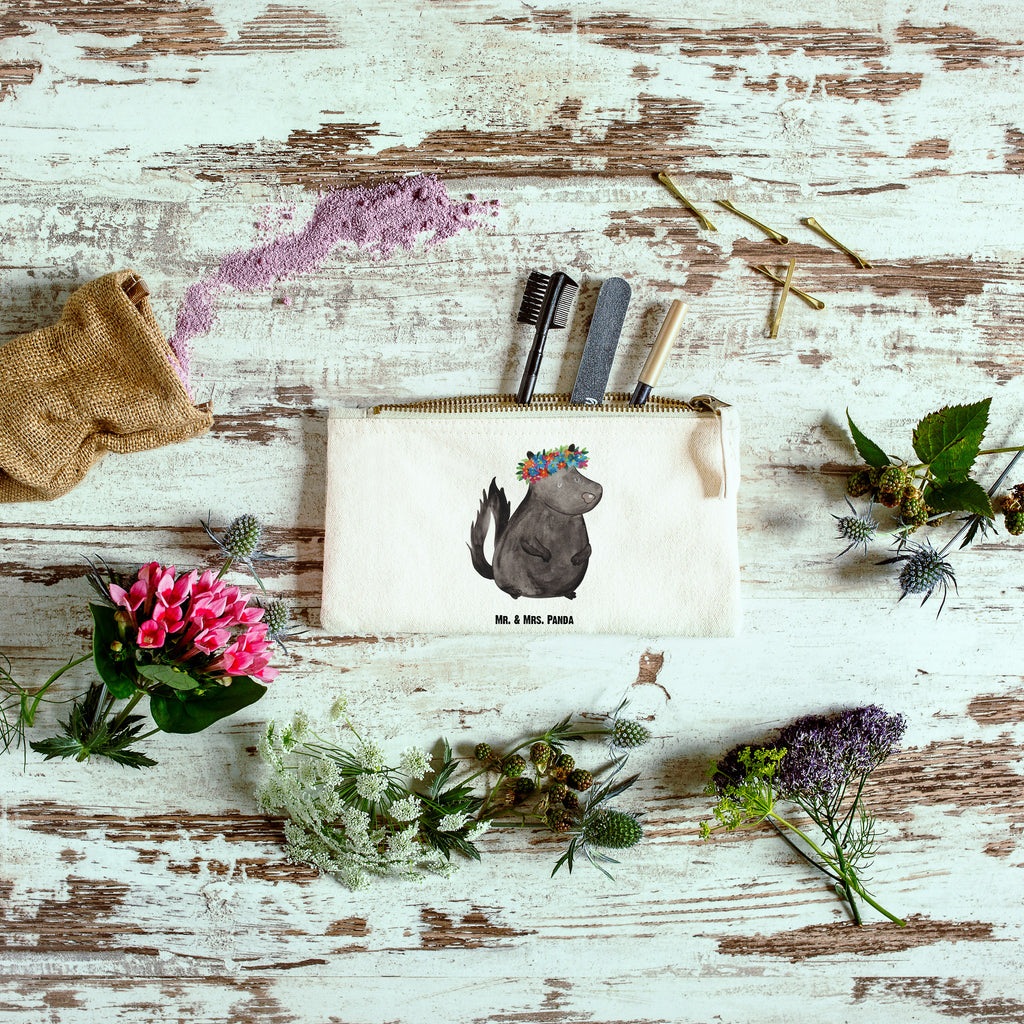 Schminktasche Stinktier Blumenmaedchen Schminktasche, Kosmetiktasche, Kosmetikbeutel, Stiftemäppchen, Etui, Federmappe, Makeup, XXL, Schminketui, Kosmetiketui, Schlamperetui, Stinktier, Skunk, Wildtier, Raubtier, Stinker, Stinki, Yoga, Namaste, Lebe, Liebe, Lache