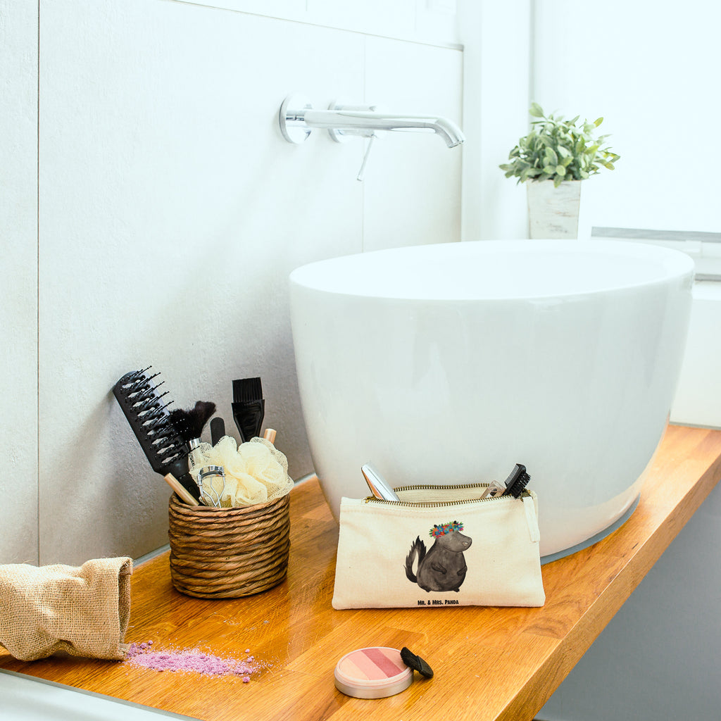 Schminktasche Stinktier Blumenmaedchen Schminktasche, Kosmetiktasche, Kosmetikbeutel, Stiftemäppchen, Etui, Federmappe, Makeup, XXL, Schminketui, Kosmetiketui, Schlamperetui, Stinktier, Skunk, Wildtier, Raubtier, Stinker, Stinki, Yoga, Namaste, Lebe, Liebe, Lache