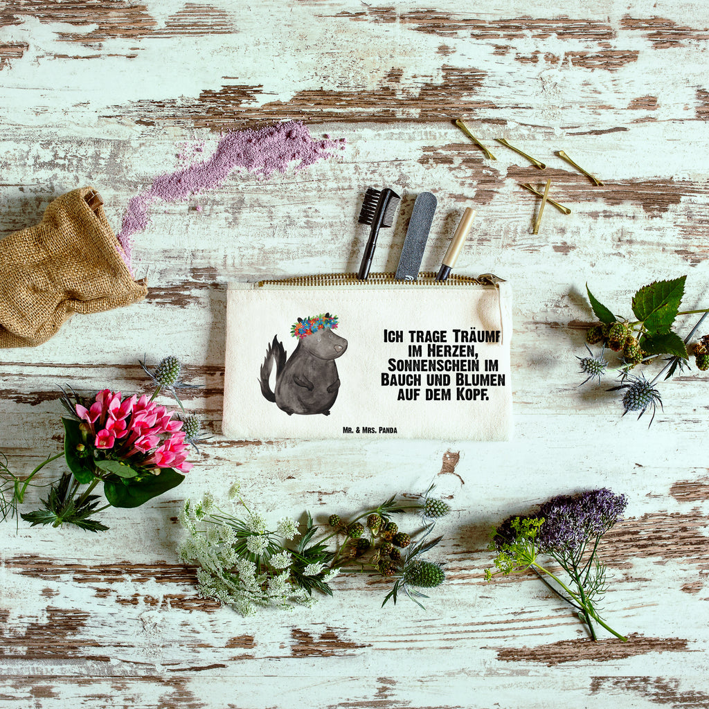 Schminktasche Stinktier Blumenmaedchen Schminktasche, Kosmetiktasche, Kosmetikbeutel, Stiftemäppchen, Etui, Federmappe, Makeup, XXL, Schminketui, Kosmetiketui, Schlamperetui, Stinktier, Skunk, Wildtier, Raubtier, Stinker, Stinki, Yoga, Namaste, Lebe, Liebe, Lache