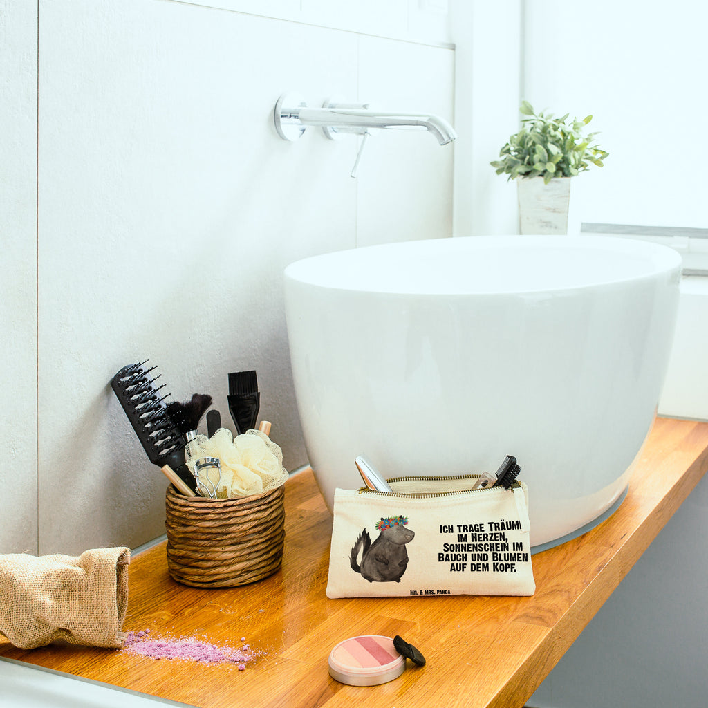 Schminktasche Stinktier Blumenmaedchen Schminktasche, Kosmetiktasche, Kosmetikbeutel, Stiftemäppchen, Etui, Federmappe, Makeup, XXL, Schminketui, Kosmetiketui, Schlamperetui, Stinktier, Skunk, Wildtier, Raubtier, Stinker, Stinki, Yoga, Namaste, Lebe, Liebe, Lache