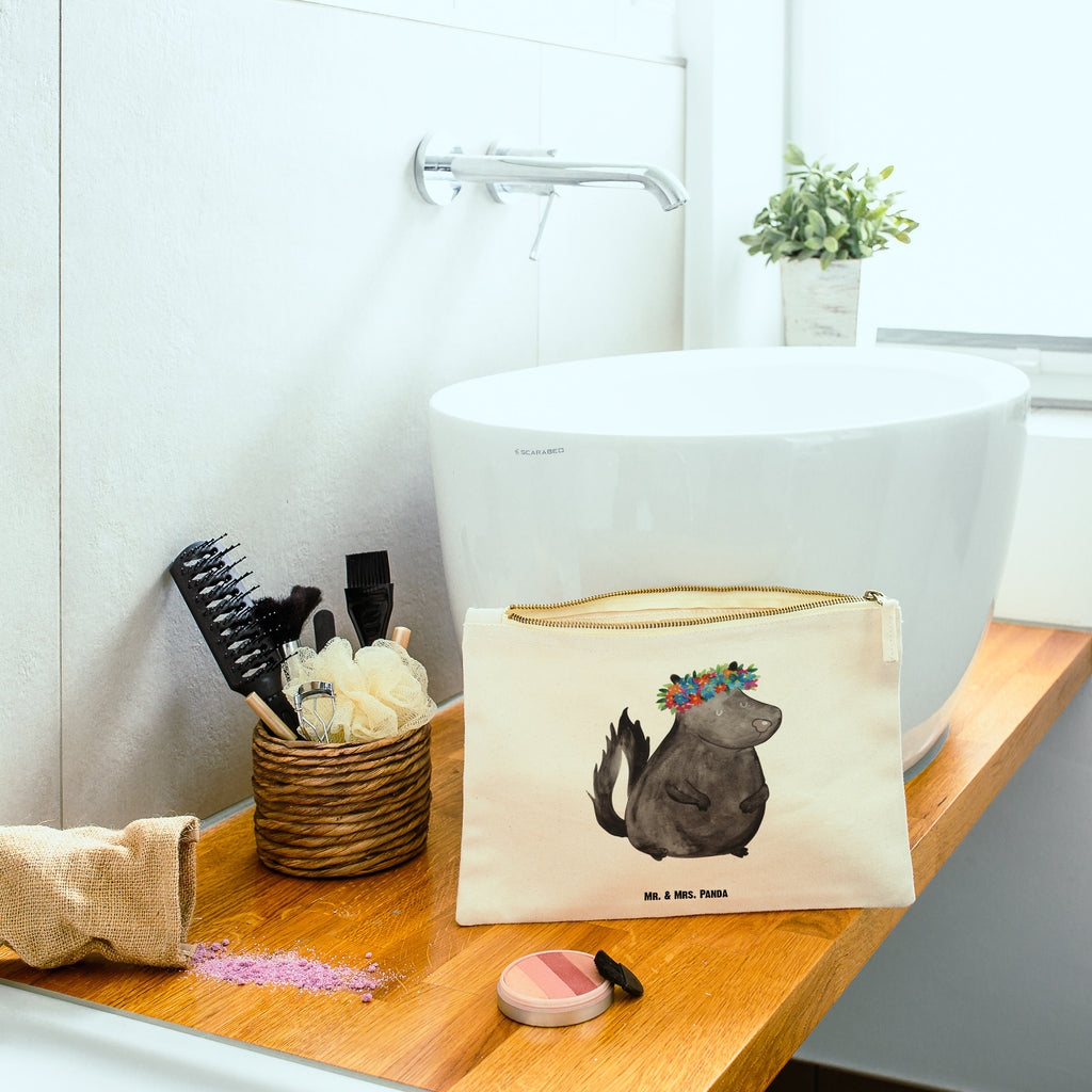 Schminktasche Stinktier Blumenmaedchen Schminktasche, Kosmetiktasche, Kosmetikbeutel, Stiftemäppchen, Etui, Federmappe, Makeup, XXL, Schminketui, Kosmetiketui, Schlamperetui, Stinktier, Skunk, Wildtier, Raubtier, Stinker, Stinki, Yoga, Namaste, Lebe, Liebe, Lache
