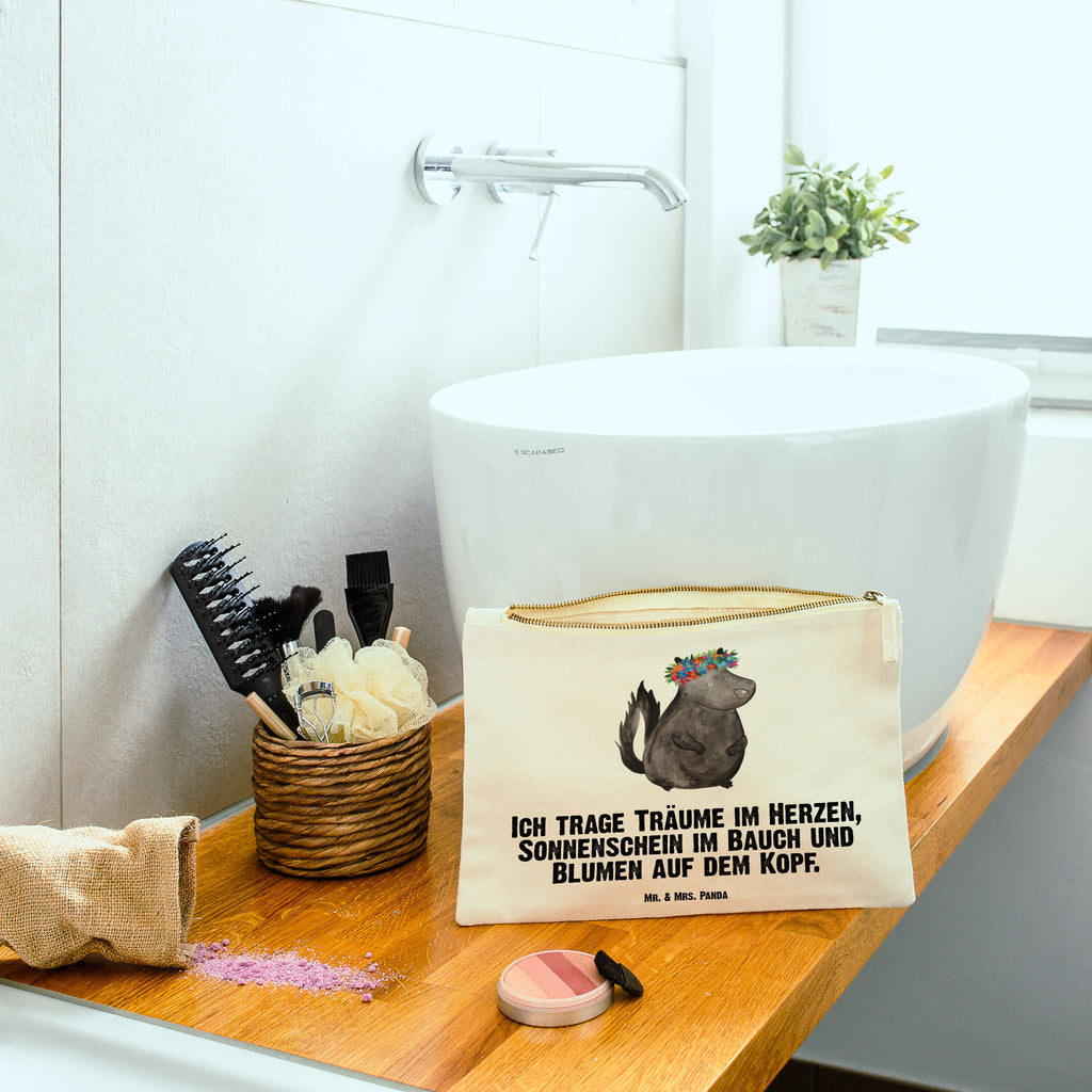 Schminktasche Stinktier Blumenmaedchen Schminktasche, Kosmetiktasche, Kosmetikbeutel, Stiftemäppchen, Etui, Federmappe, Makeup, XXL, Schminketui, Kosmetiketui, Schlamperetui, Stinktier, Skunk, Wildtier, Raubtier, Stinker, Stinki, Yoga, Namaste, Lebe, Liebe, Lache