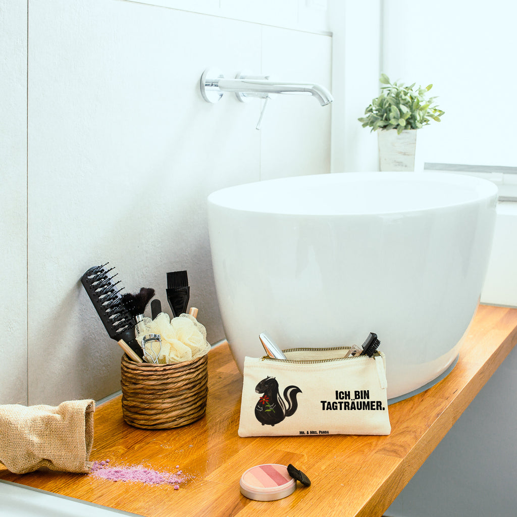 Schminktasche Stinktier Blume Schminktasche, Kosmetiktasche, Kosmetikbeutel, Stiftemäppchen, Etui, Federmappe, Makeup, XXL, Schminketui, Kosmetiketui, Schlamperetui, Stinktier, Skunk, Wildtier, Raubtier, Stinker, Stinki, Tagträumer, verträumt, Dreams, Träume