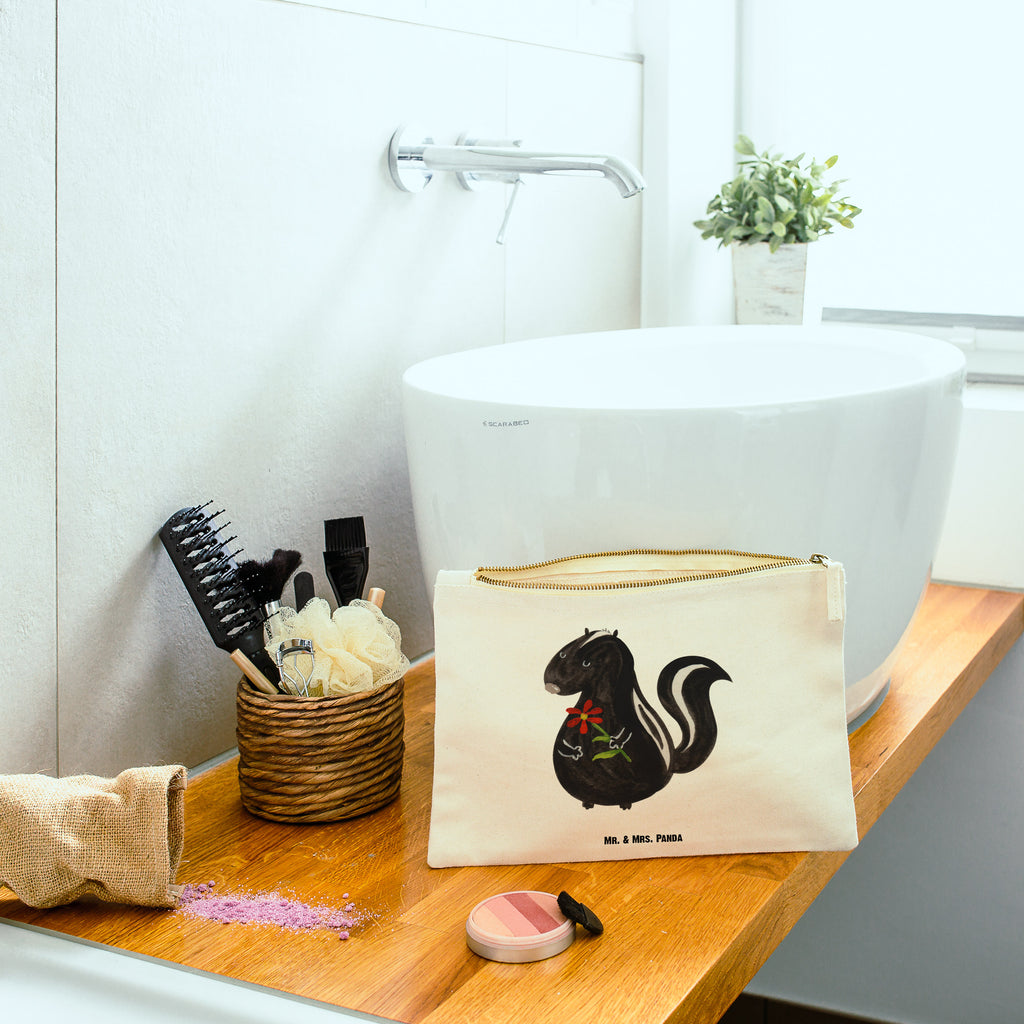 Schminktasche Stinktier Blume Schminktasche, Kosmetiktasche, Kosmetikbeutel, Stiftemäppchen, Etui, Federmappe, Makeup, XXL, Schminketui, Kosmetiketui, Schlamperetui, Stinktier, Skunk, Wildtier, Raubtier, Stinker, Stinki, Tagträumer, verträumt, Dreams, Träume