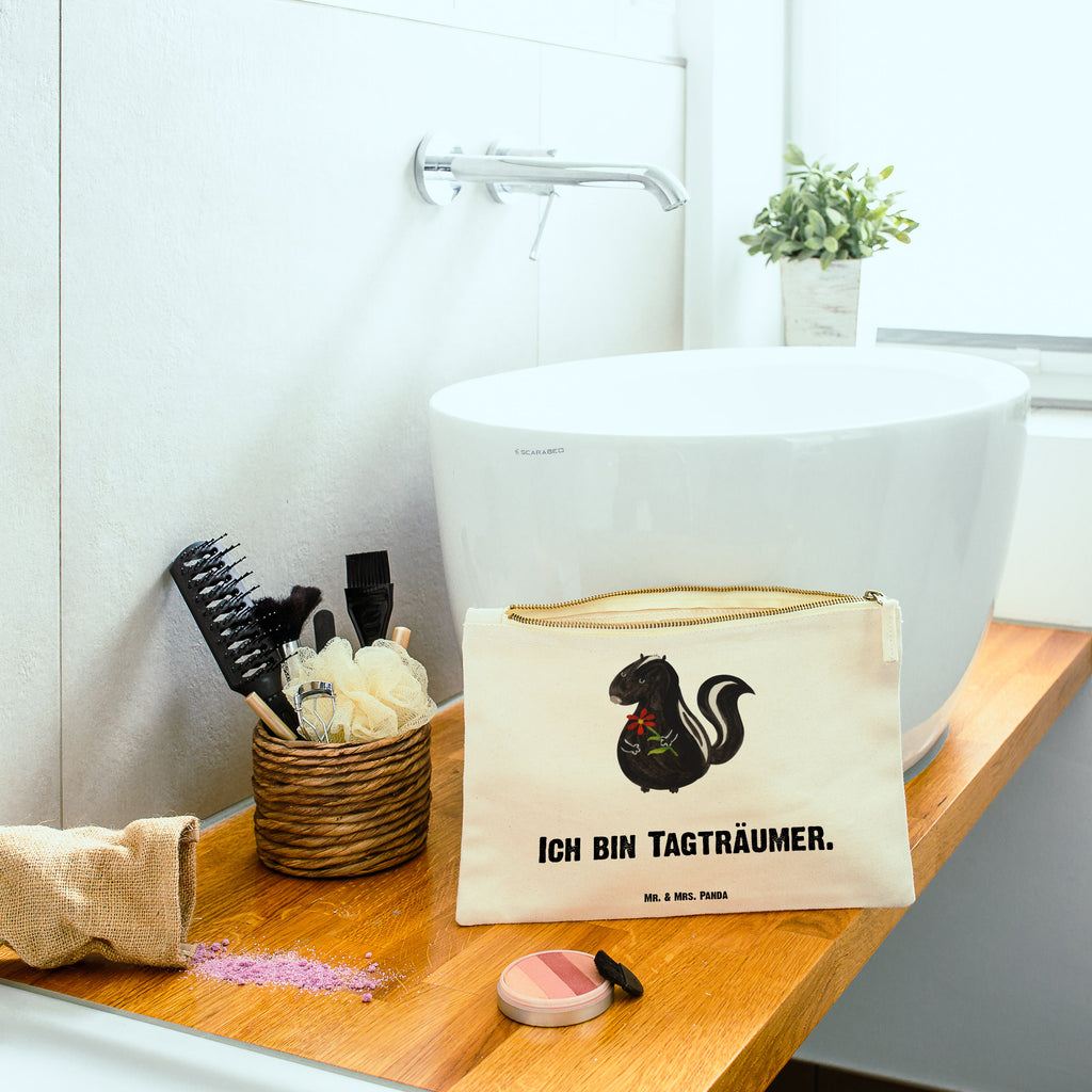 Schminktasche Stinktier Blume Schminktasche, Kosmetiktasche, Kosmetikbeutel, Stiftemäppchen, Etui, Federmappe, Makeup, XXL, Schminketui, Kosmetiketui, Schlamperetui, Stinktier, Skunk, Wildtier, Raubtier, Stinker, Stinki, Tagträumer, verträumt, Dreams, Träume