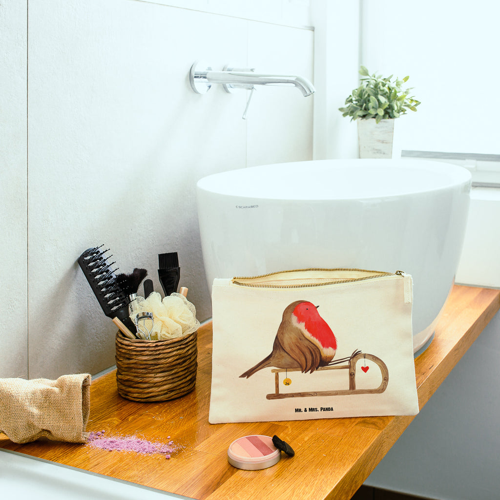 Schminktasche Rotkehlchen Schlitten Schminktasche, Kosmetiktasche, Kosmetikbeutel, Stiftemäppchen, Etui, Federmappe, Makeup, XXL, Schminketui, Kosmetiketui, Schlamperetui, Winter, Weihnachten, Weihnachtsdeko, Nikolaus, Advent, Heiligabend, Wintermotiv, Schlitten, Vogel