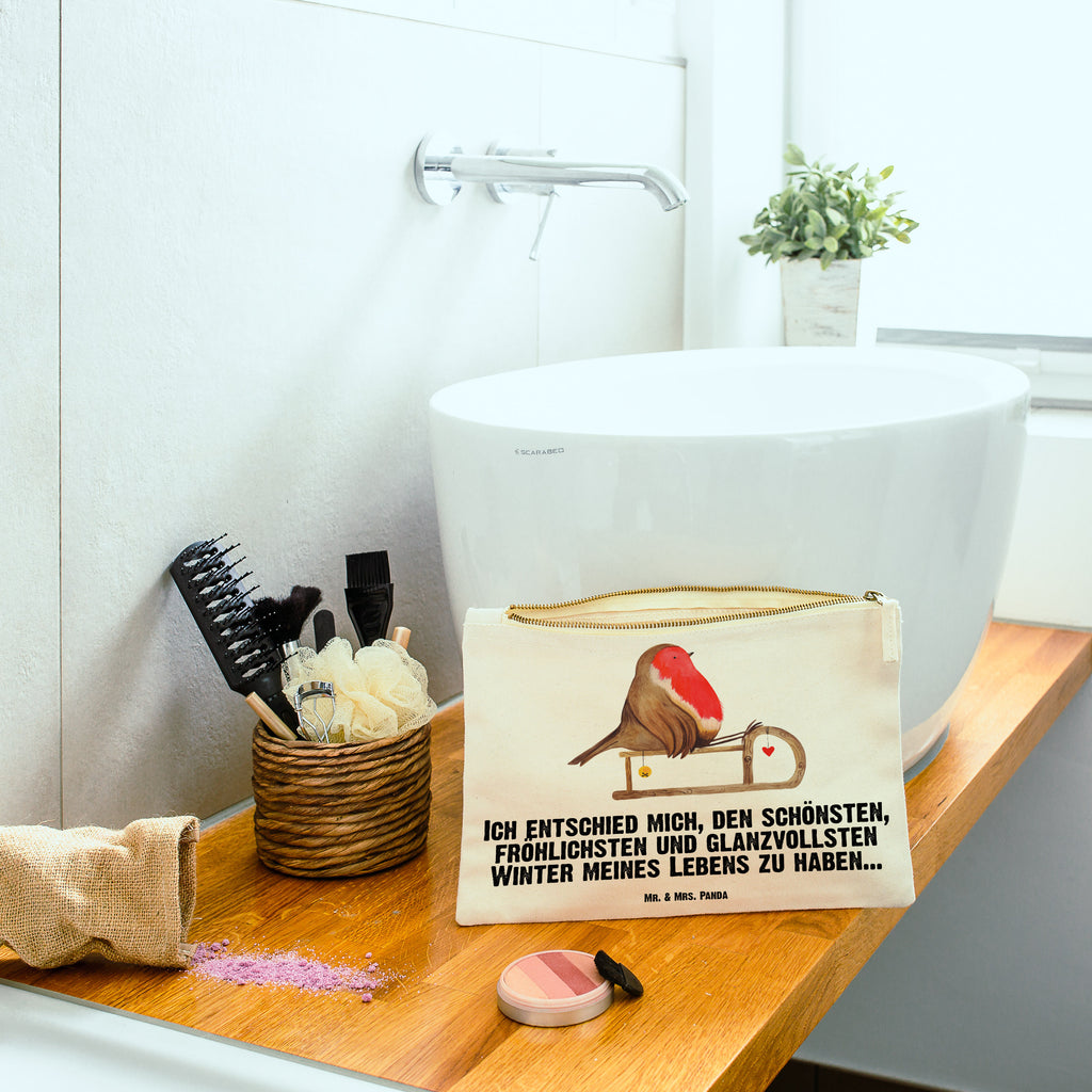 Schminktasche Rotkehlchen Schlitten Schminktasche, Kosmetiktasche, Kosmetikbeutel, Stiftemäppchen, Etui, Federmappe, Makeup, XXL, Schminketui, Kosmetiketui, Schlamperetui, Winter, Weihnachten, Weihnachtsdeko, Nikolaus, Advent, Heiligabend, Wintermotiv, Schlitten, Vogel