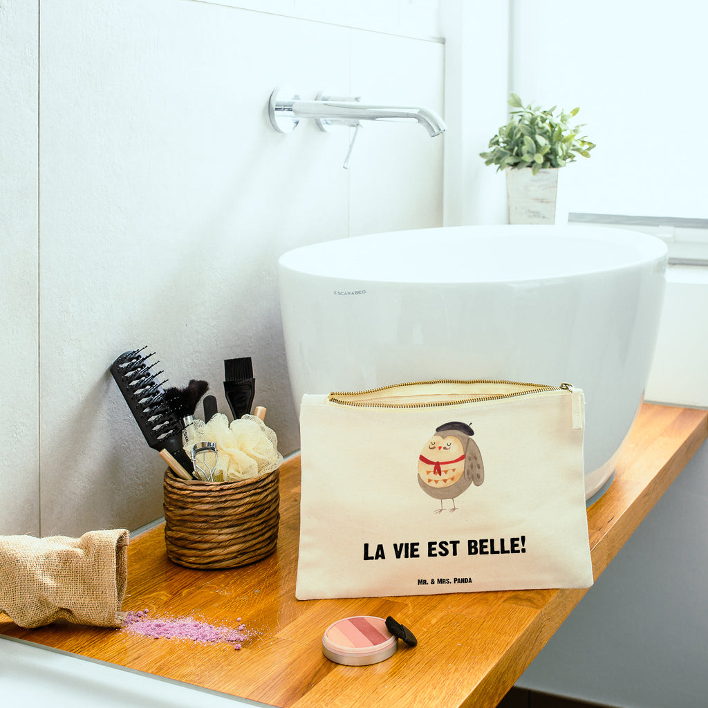 Schminktasche Eule Französisch Schminktasche, Kosmetiktasche, Kosmetikbeutel, Stiftemäppchen, Etui, Federmappe, Makeup, XXL, Schminketui, Kosmetiketui, Schlamperetui, Eule, Eulen, Eule Deko, Owl, hibou, La vie est belle, das Leben ist schön, Spruch schön, Spruch Französisch, Frankreich