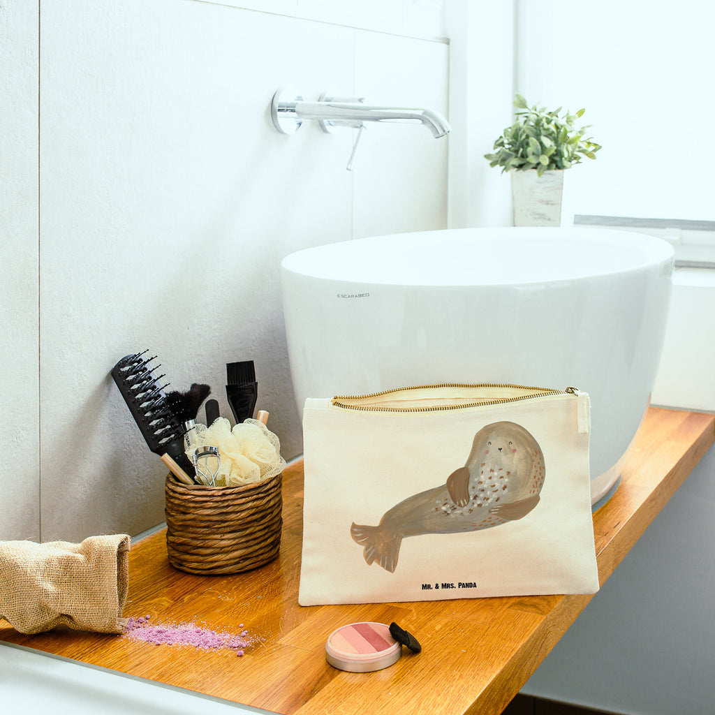 Schminktasche Robbe lachend Schminktasche, Kosmetiktasche, Kosmetikbeutel, Stiftemäppchen, Etui, Federmappe, Makeup, XXL, Schminketui, Kosmetiketui, Schlamperetui, Tiermotive, Gute Laune, lustige Sprüche, Tiere, Robbe, Robben, Seehund, Strand, Meerestier, Ostsee, Nordsee