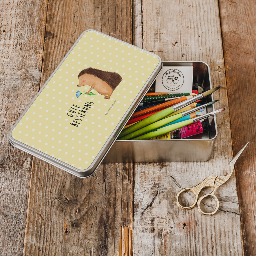 Metalldose rechteckig Igel mit Blume Blechdose, Metalldose, Blechbox, Container, Keksdose, Vorratsdose, Vorratsbox, Döschen, Versperbox, Vesperdose, Aufbewahrungsdose, Aufbewahrungsbox, Aluminiumdose, Dose, Tiermotive, Gute Laune, lustige Sprüche, Tiere, Igel, Gute Besserung, Genesungswünsche, Krankheit, Krankenhaus, krank, Besuch