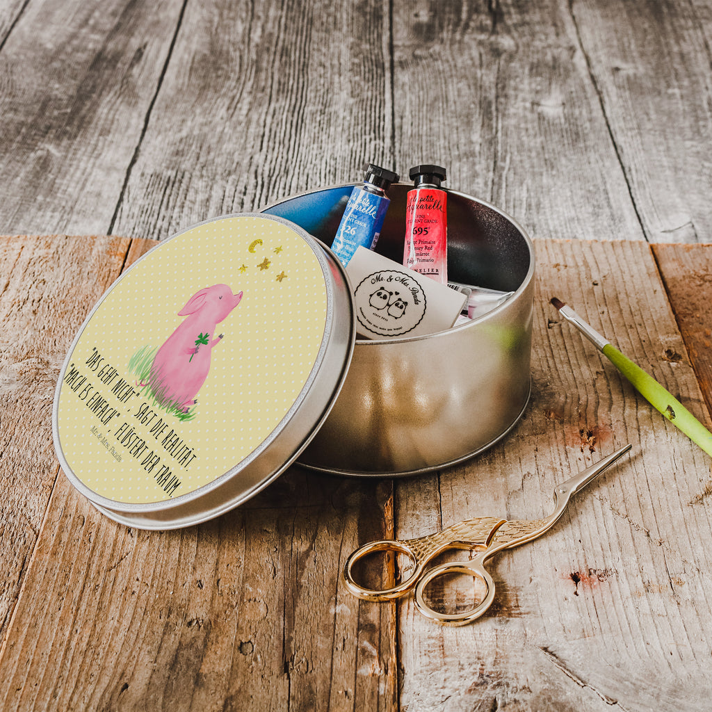 Blechdose rund Glücksschwein Metalldose, Keksdose, Dose, Vorratsdose, Geschenkbox, Tiermotive, Gute Laune, lustige Sprüche, Tiere, Glücksschwein. Glück, Schwein, Schweinchen, Sterne, Sernchen, Ziele, Träume, Motivation, Glücksbringer