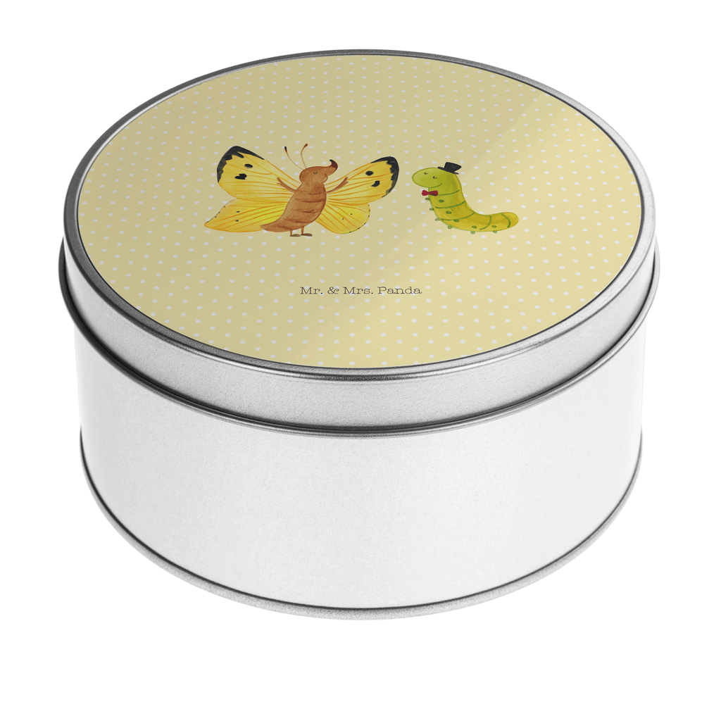 Blechdose rund Raupe & Schmetterling Metalldose, Keksdose, Dose, Vorratsdose, Geschenkbox, Tiermotive, Gute Laune, lustige Sprüche, Tiere, Raupe, Schmetterling, Zitronenfalter, Entwicklung, Erwachsen werden, Kokon, Hut, Hütchen, Schönheit, Aufwachsen