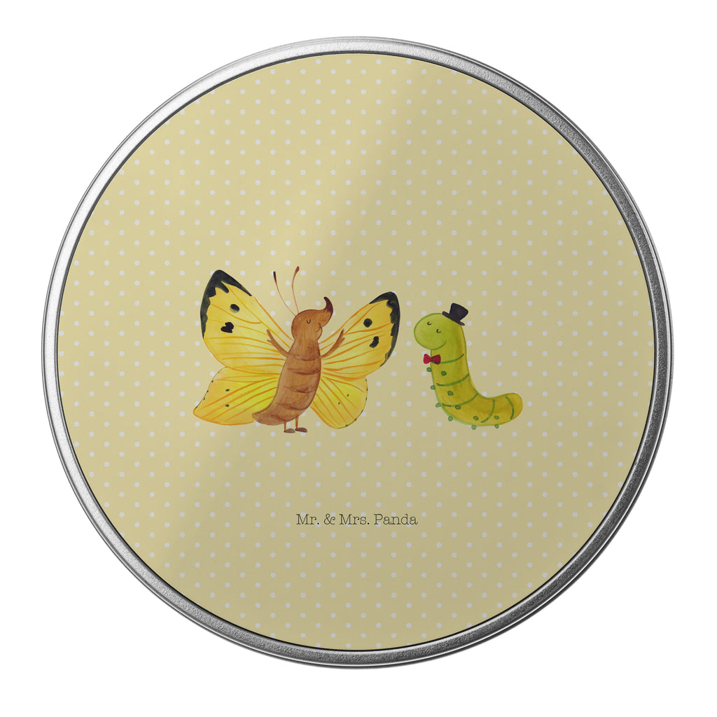 Blechdose rund Raupe & Schmetterling Metalldose, Keksdose, Dose, Vorratsdose, Geschenkbox, Tiermotive, Gute Laune, lustige Sprüche, Tiere, Raupe, Schmetterling, Zitronenfalter, Entwicklung, Erwachsen werden, Kokon, Hut, Hütchen, Schönheit, Aufwachsen