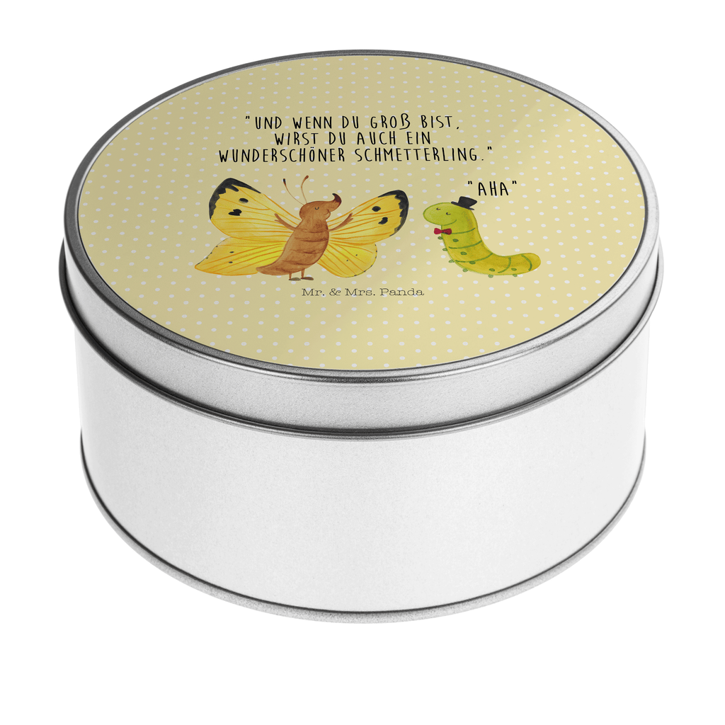 Blechdose rund Raupe & Schmetterling Metalldose, Keksdose, Dose, Vorratsdose, Geschenkbox, Tiermotive, Gute Laune, lustige Sprüche, Tiere, Raupe, Schmetterling, Zitronenfalter, Entwicklung, Erwachsen werden, Kokon, Hut, Hütchen, Schönheit, Aufwachsen
