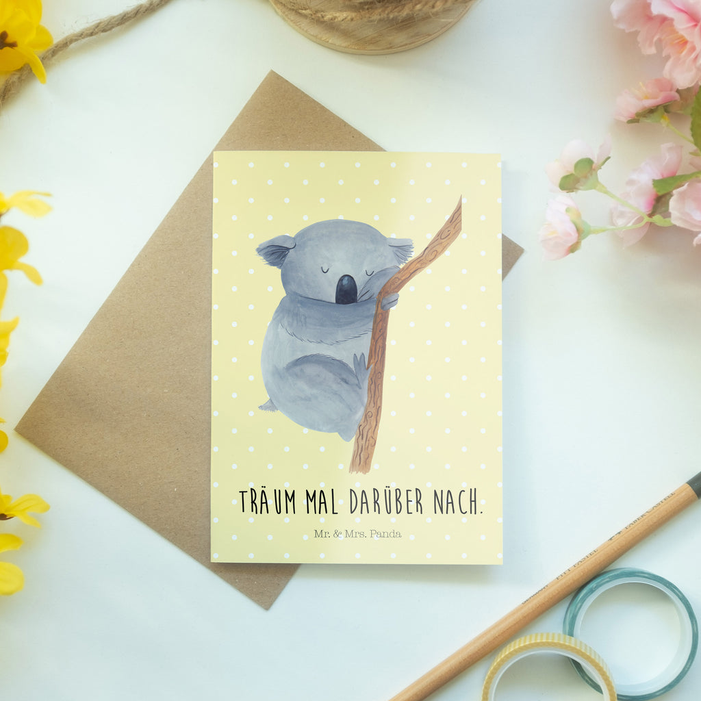 Grußkarte Koalabär Klappkarte, Einladungskarte, Glückwunschkarte, Hochzeitskarte, Geburtstagskarte, Karte, Tiermotive, Gute Laune, lustige Sprüche, Tiere, Koala, träumen, Traum, schlafen, Schlafzimmer, Traumland, Bär, Koalabär