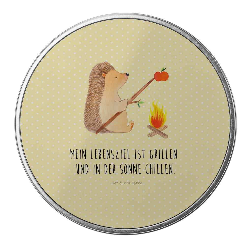 Blechdose rund Igel grillt Metalldose, Keksdose, Dose, Vorratsdose, Geschenkbox, Tiermotive, Gute Laune, lustige Sprüche, Tiere, Igel, Grillen, Ziele, Motivation, arbeitslos, Sinn des Lebens, Spruch