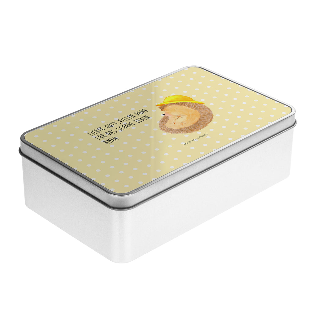Metalldose rechteckig Igel betet Blechdose, Metalldose, Blechbox, Container, Keksdose, Vorratsdose, Vorratsbox, Döschen, Versperbox, Vesperdose, Aufbewahrungsdose, Aufbewahrungsbox, Aluminiumdose, Dose, Tiermotive, Gute Laune, lustige Sprüche, Tiere, Igel, Igel mit Hut, Sonnenhut, Gott, Amen, beten, Leben, Dankbarkeit, Dankbar sein, dankbar, genießen