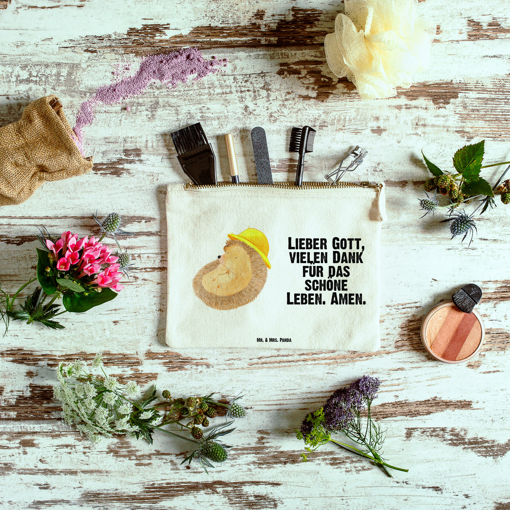 Schminktasche Igel betet Schminktasche, Kosmetiktasche, Kosmetikbeutel, Stiftemäppchen, Etui, Federmappe, Makeup, XXL, Schminketui, Kosmetiketui, Schlamperetui, Tiermotive, Gute Laune, lustige Sprüche, Tiere, Igel, Igel mit Hut, Sonnenhut, Gott, Amen, beten, Leben, Dankbarkeit, Dankbar sein, dankbar, genießen