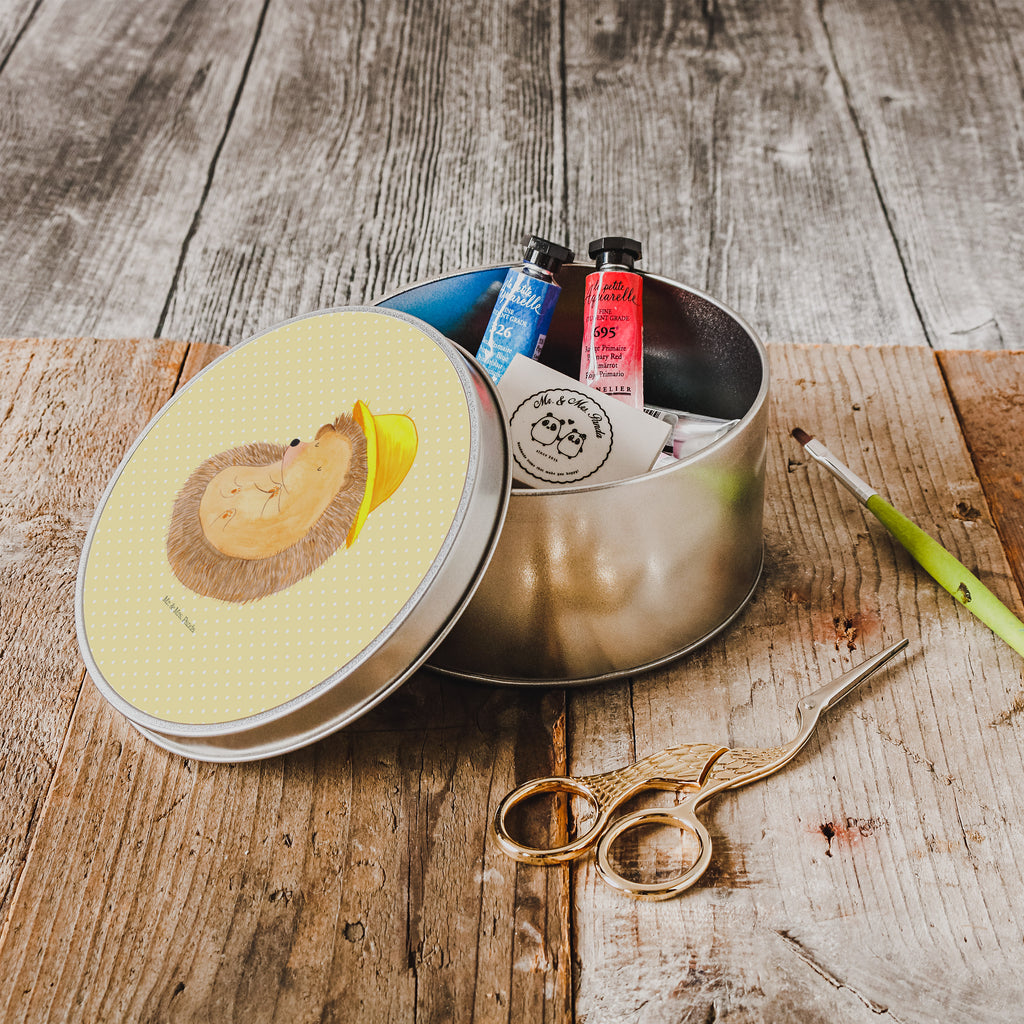 Blechdose rund Igel betet Metalldose, Keksdose, Dose, Vorratsdose, Geschenkbox, Tiermotive, Gute Laune, lustige Sprüche, Tiere, Igel, Igel mit Hut, Sonnenhut, Gott, Amen, beten, Leben, Dankbarkeit, Dankbar sein, dankbar, genießen
